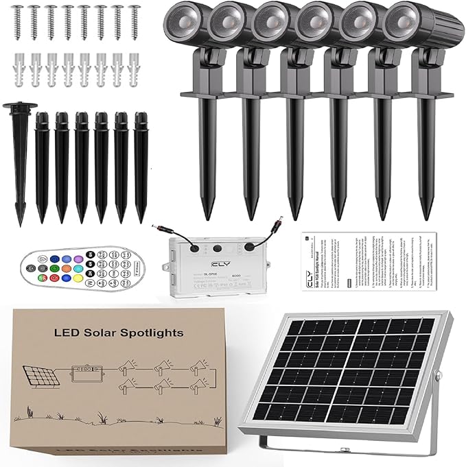 CLY Solar 6 in 1 RGB Spotlights Outdoor Garden, 10 Colors 12 Modes Solar Garden Floodlight Landscape Spotlights | Lumora