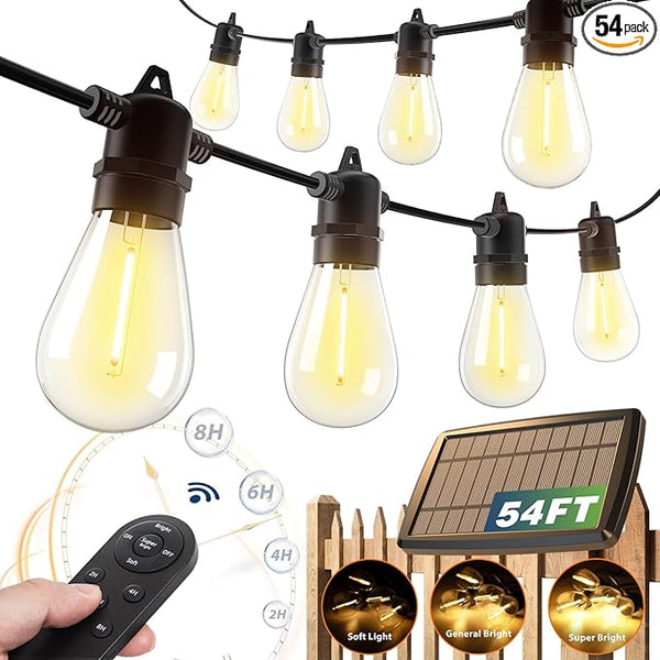 addlon 54FT Solar String Lights Outdoor Waterproof with USB Charging & Remote Control - Dimmable Solar Power Patio | Lumora