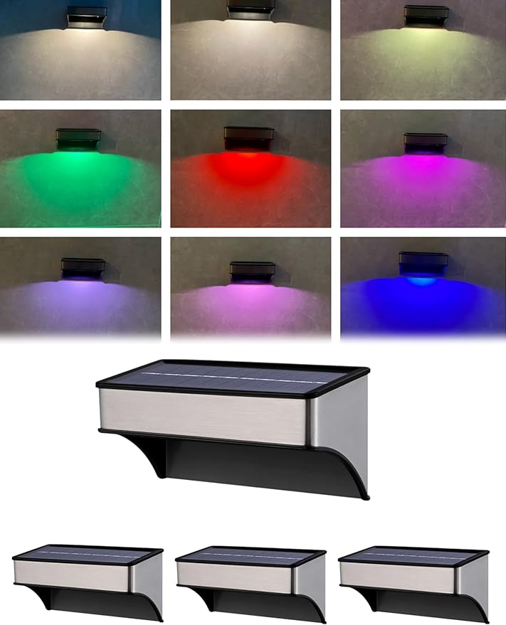 Solar Deck Lights 4 Pack Outdoor Waterproof - Step Lights for Stairs & Fence, 8 Color Changing Security Lighting with Auto On/Off, Wall Lights for Patio/Yard/Pathway (Warm/Cool White + RGB)