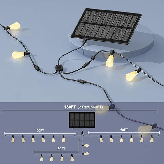 Stright Solar Powered String Light 180FT with Remote Control 8 Light Modes, Weatherproof Shatterproof ST38 LED Bulb, Total 45 Sockets, 1 to 3 Splitter cord String Lights (End to End 60FT, Total 180FT)