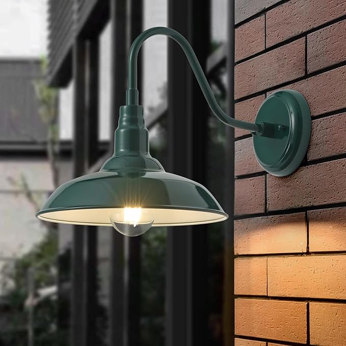 10'' Dome Outdoor Gooseneck Barn Light Fixture with Wall Mount, Green Exterior Porch Barn Door Lighting, Farmhouse | Lumora