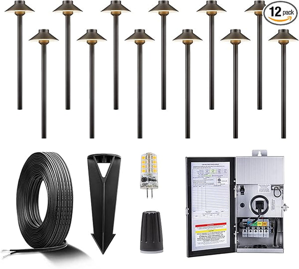 Gardenreet Solid Brass 12V LED Landscape Lighting Kit (12 Pack Path Lights) with 300W Low Voltage Transformer and | Lumora