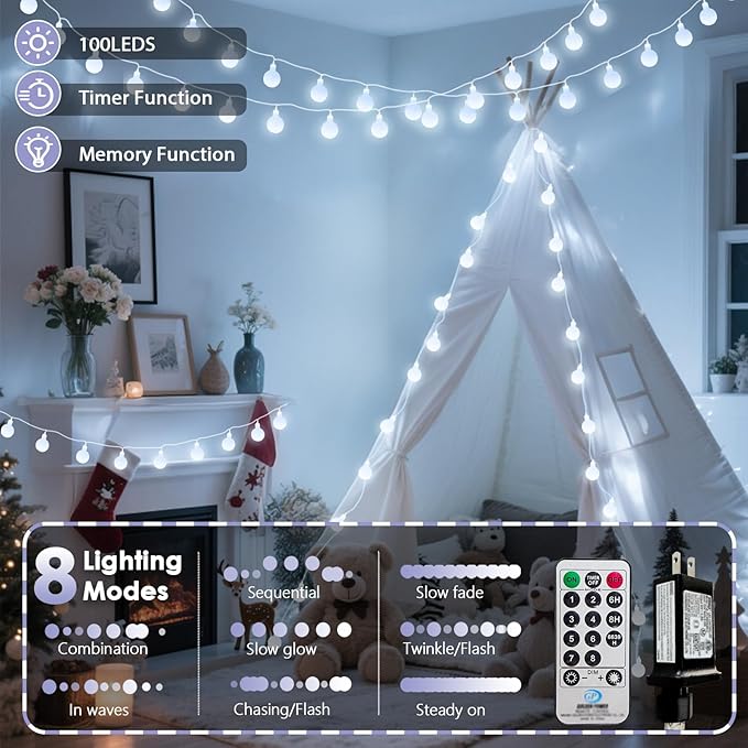 100LED Connectable String Lights Indoor Outdoor for Bedroom, 43ft White Globe Lights Plug in with Remote & Timer, 8 | Lumora
