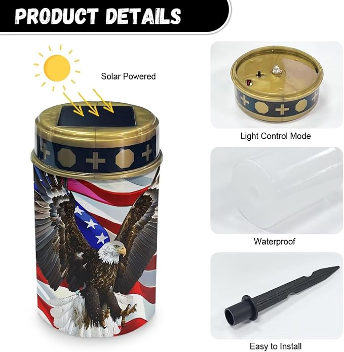 Generic American Flag Solar Light Outdoor Waterproof Solar Stake Lights Hawk Print Solar Lights Outdoor Waterproof Solar Pathway Lights Outdoor Decoration for Yard Landscape Path