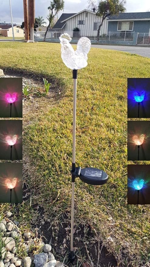 Set of 2 Clear Acrylic Rooster Solar Garden Yard Landscape Path Stick LED Lights
