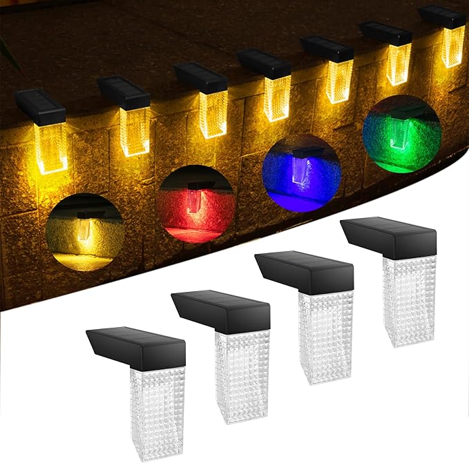 Solar Lights Outdoor 4 Pack: IP68 Waterproof Snow-Resistant for Stairs, Deck, Garden,Step,Wall,Fence, Railing,Pathway.Warm White & RGB Color Changing