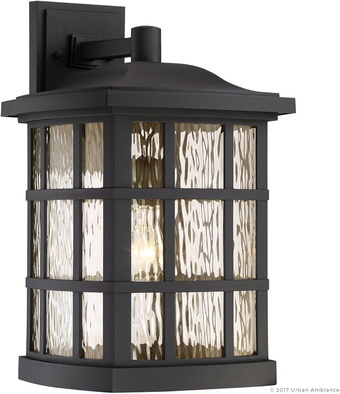 Urban Ambiance Luxury Craftsman Outdoor Wall Light, Medium Size: 17" H x 11" W, with Tudor Style Elements, Highly-Detailed Design, High-End Black Silk Finish and Water Glass, UQL1236
