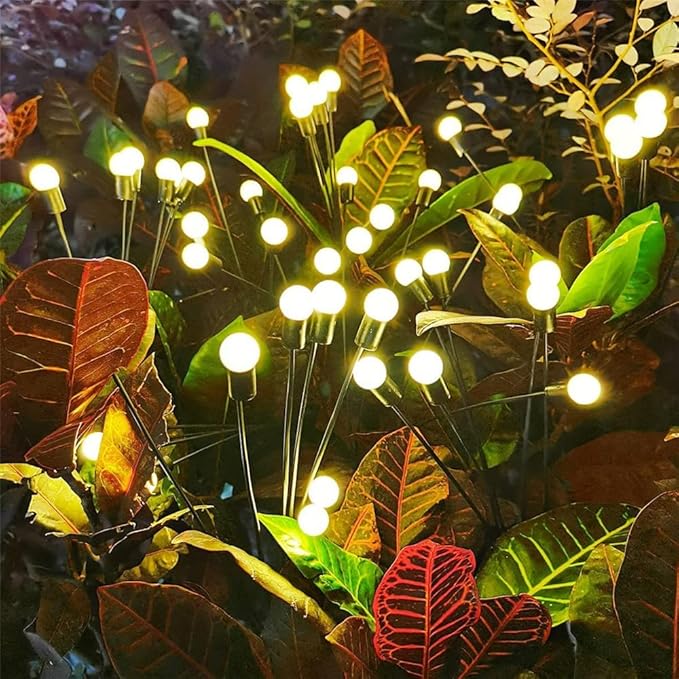8-Pack 64 LED Solar Swaying Lights Outdoor Solar Powered Firefly Lights Garden Decor Waterproof Pathway Light Wind Landscape Lights Warm Yellow for Pathway Lawn Patio Courtyard Decor (White)