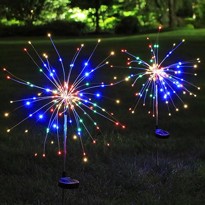 Solar Garden Firework Lights Outdoor Waterproof, 2 Pack 200 LED 8 Lighting Modes Sparklers Solar Twinkling Starburst Lights for Yard Flowerbed Pathway Fence Decorations, Multicolor