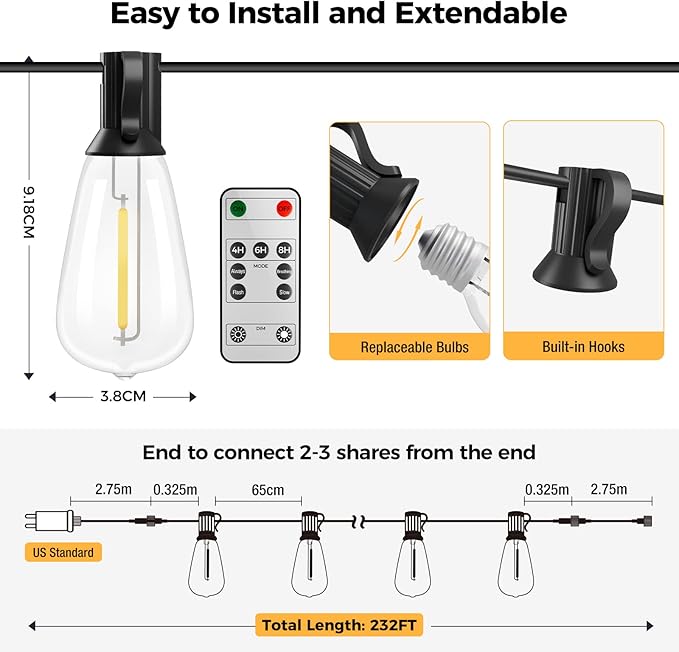 Woolmug Outdoor String Lights Total 232FT Patio Lights with Remote 100+4 Extra Shatterproof ST38 LED Vintage Edison Bulbs, Outside Lights Waterproof for Porch Deck Garden Backyard Balcony【Dimmable】