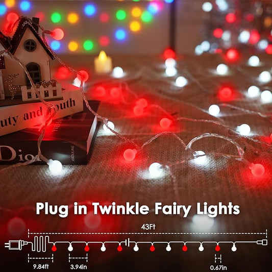 43FT 100LED Connectable Christmas Globe String Lights Indoor Outdoor - Red and White Fairy Lights Plug in with Remote & 8 Modes, Twinkle Light for Christmas Decorations Bedroom Room Tree Party