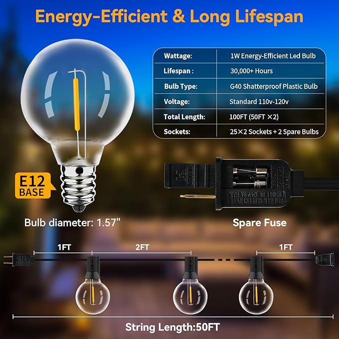 100ft Outdoor String Lights Waterproof/Connectable/Dimmable with 52 LED Shatterproof Bulbs,2-Pack 50ft UL Listed | Lumora