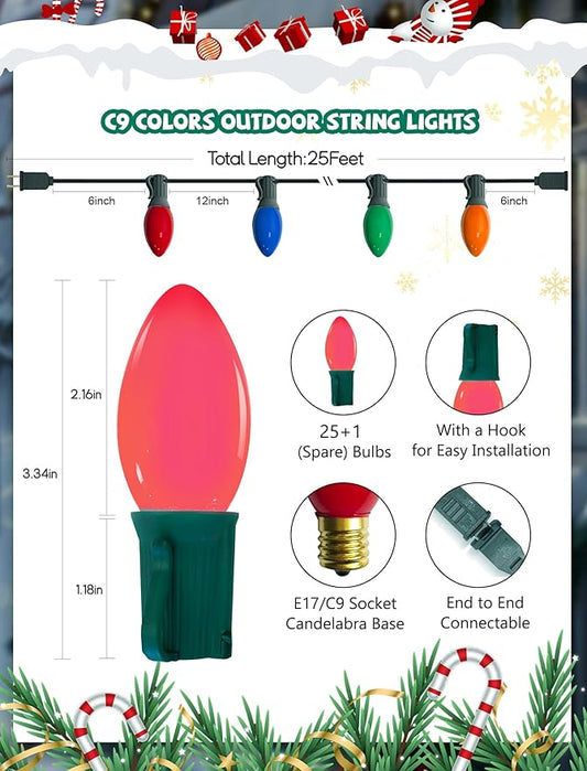 Abeja C9 Multicolor Christmas Light Outdoor, 25Ft Vintage Christmas String Lights with 26 Multicolored Bulbs, Hanging Roofline Lights for Christmas Tree Patio Garden Party Decor, Green Wire