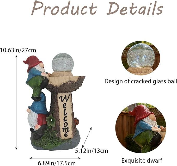 Solar Powered Garden Gnome Welcome Sign with LED Cracked Glass Ball, Outdoor Statue Decor for Patio Yard Lawn Walkway, for Mom Grandma (Red)