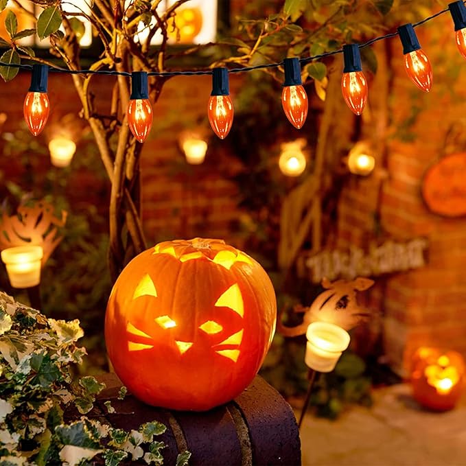 Orange Halloween Lights, 25 FT Christmas String Lights with 25 C9 Incandescent Bulbs, Waterproof Halloween Decorations for Outdoor Indoor Patio Home Party Garden Yard Decor