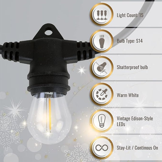 Aurio 48ft Waterproof Outdoor String Lights with Inline Vintage LED Edison Bulbs - Commercial Grade Patio Lights for Cafe Ambiance - 36 in Light Spacing