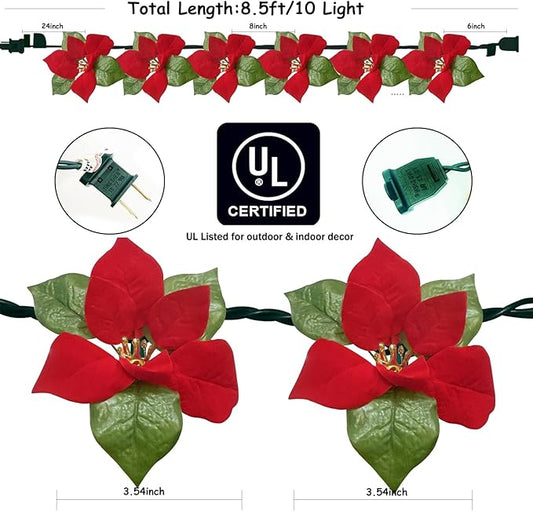 Christmas Red Flower String Lights Plug in, 8.5Ft Red Christmas Decorations Lights Outdoor with 10 LED Flowers Lights, Hanging Flowers Fariy String Lights for Holiday Party Window Home Birthday Decor