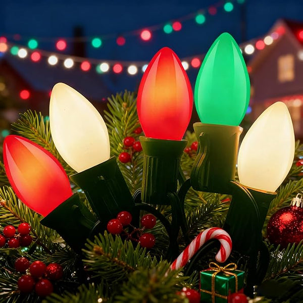 Abeja C9 Christmas Lights Outdoor, 25Ft Vintage Ceramic Christmas String Light with 26 Red White Green Bulbs (1 | Lumora