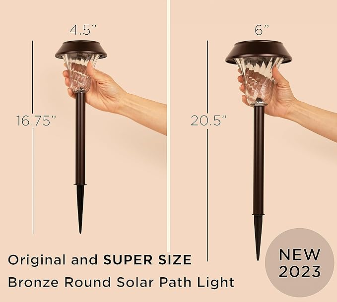 2 Pack Super Size 6" Diameter Bronze Solar Path Light with Large Solar Panel, Glass Lens, Metal Ground Stake, and Extra-Bright LED for Garden, Lawn, Patio, Walkway, Driveway