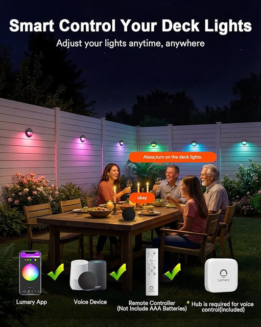 Lumary 12-24V Smart Low Voltage Deck Lights with Hub, 4Inch RGB+CCT Outdoor Privacy Fence Lights, IP65 Waterproof Landscape Lighting for Step, Deck, Patio, Works with Alexa & Google, 6Pack