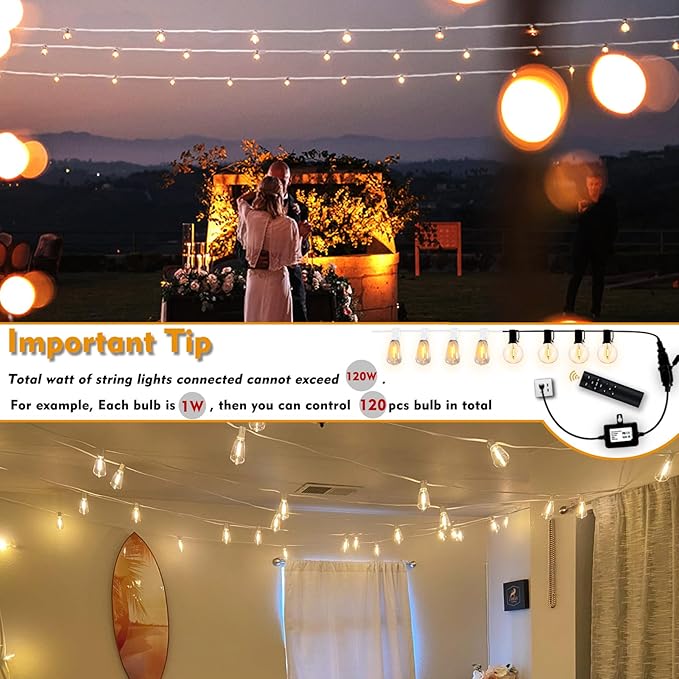 120W(Max) Remote Dimmer Timer Function Plug in for All Outdoor String Lights, Patio Lights, Led Lamp, Lamp in 100FT | Lumora