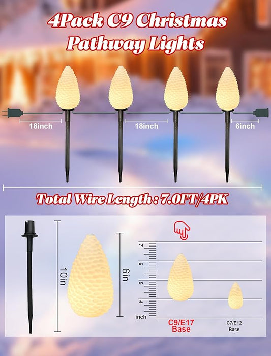 Christmas C9 Pathway Lights 7FT Pinecone, LED with 4 Stakes Connectable Holiday Commercial Warm White Light Decoration UL Listed - Green Wire