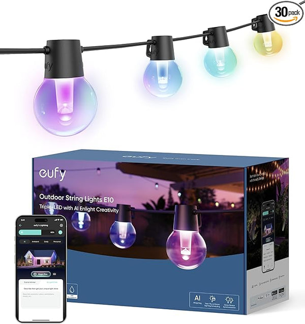 eufy Outdoor String Lights E10, 96ft with 30 Smart RGBWW LED Bulbs, Endless AI Light Themes for Christmas | Lumora