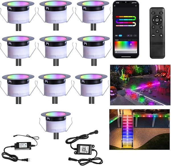 Recessed Smart Deck Lights Kit, 10 Pack Ø 1.77" RGBW+IC Multicolor Dynamic Low Voltage Landscape Lights IP67 | Lumora