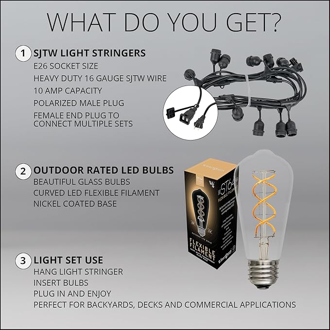 Wintergreen Lighting 15' FlexFilament LED ST64 Edison Patio Lights, Suspended Sockets, Commercial Grade LED Patio Lights, 10 LED Filament Bulbs, 18" Spacing Outdoor Patio Lights