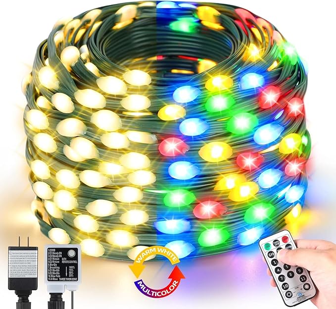 Tcamp Christmas Tree Lights, 164FT 500 LED Color Changing Christmas Lights with Remote Memory Timer, 11 Modes Green Wire Plug in String Light for Outdoor Indoor Decor (Warm White+Colored)