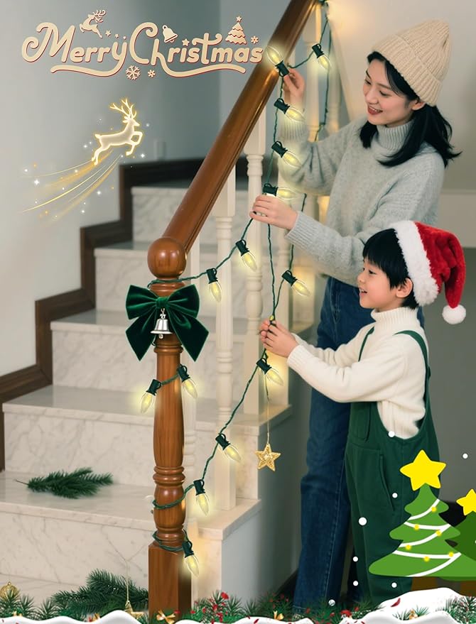 25Ft Clear Chritsmas Lights Outdoor, C7 Vintage String Lights with 27 Clear Incandescent Bulbs, Hanging Patio Lights for Porch Roofline Christmas Tree Garden Pathway Indoor Decor