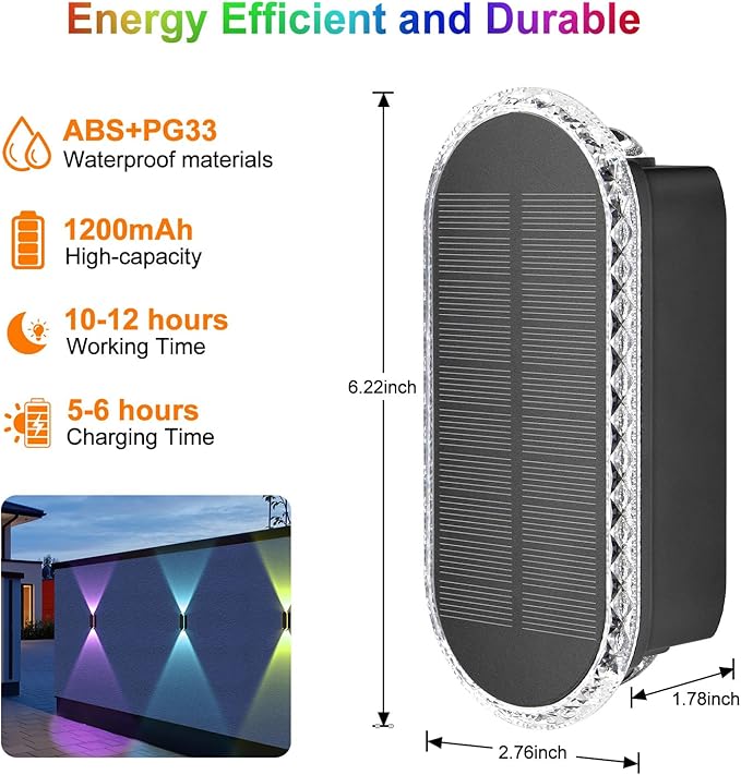 Ellasay Solar Fence Lights Backyark: 6-Pack Fence Lights Solar Powered 8 WRGB Color Modes - Up & Down Waterproof Solar Wall Lights for Outdoor/Yard/Poolside/Porch/Patio/Railing