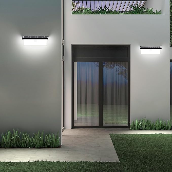 EMANER Solar Flood Light Motion Sensor, 2500LM Bright 3 Lighting Modes Solar Wall Light Cordless, Dusk to Dawn Modern Wall Sconce Solar Step Light Outdoor for Patio Backyard Driveway (2-Pack)
