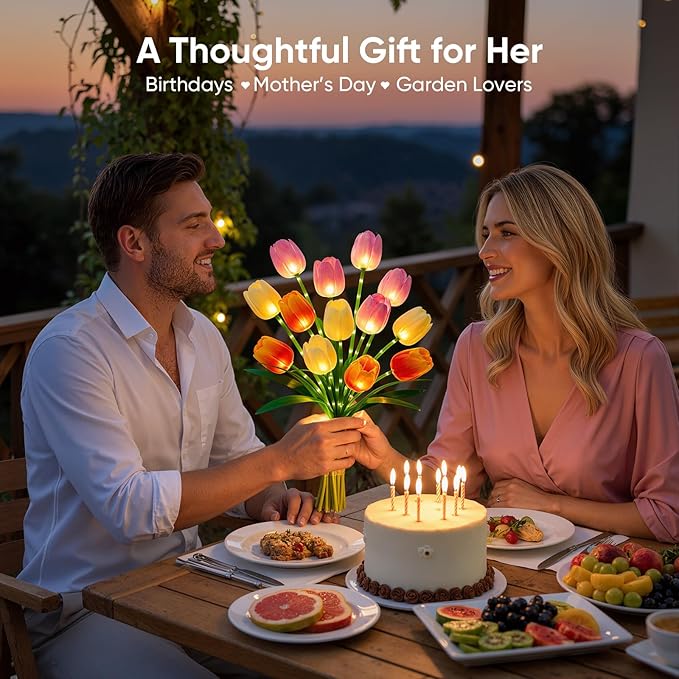 Solar Tulip Lights Outdoor: 3-Pack Solar Flower Garden Lights with Bendable Stems - IP65 Waterproof 800mAh for 12H Lighting - Auto On/Off Garden Decor - Gifts for Mom - Orange Pink Yellow