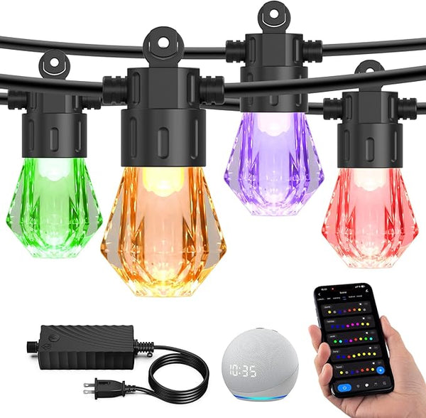 XMCOSY+ 96FT Smart Outdoor String Lights - RGBCWIC Dimmable Acrylic Bulbs, Color Changing LED Patio Lights APP WiFi | Lumora