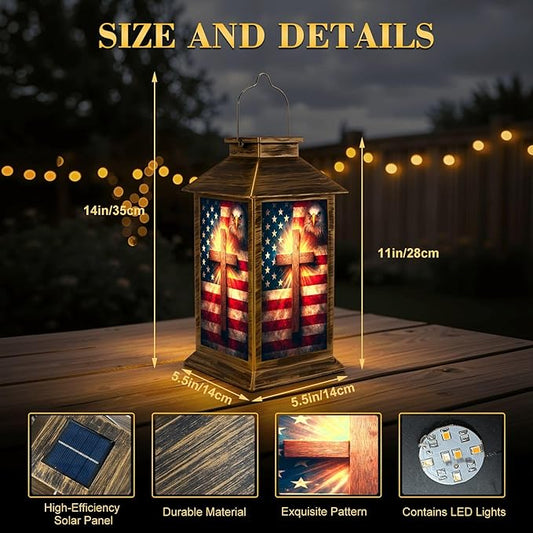 Solar Lantern Outdoor Waterproof Christian Cross American Retro Patriotic Independence Day 4th July Garden Decor LED Solar Lights Hanging/Tabletop Lamp Gifts for Women Mom for Outside Yard Patio
