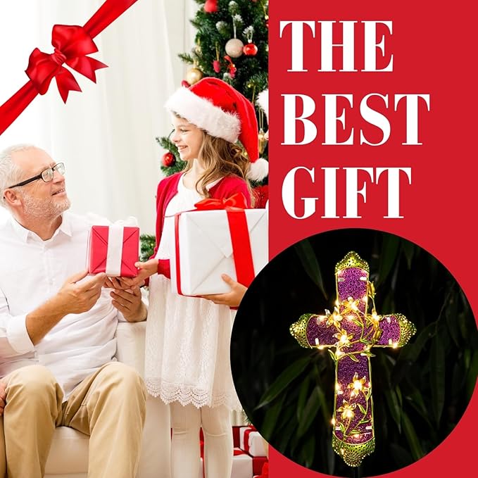 Solar Cross Stake for Cemetery Grave, Memorial Grave Decoration with Flowers and LED Light, Outdoor Solar Cross for Lawn Garden Pathway Decor (Fuchsia)