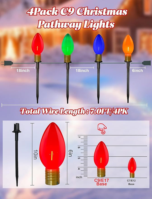 C9 LED Pathway Lights 7Ft Christmas Pathway Lights, Multicolor Walkway Light Outdoor with 4 Marker Stakes Connectable Holiday Commercial Christmas Decoration UL Listed - Green Wire