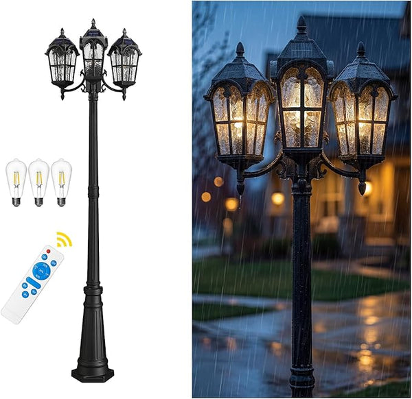 Emliviar 82.7" 3-Head Outdoor Solar Lamp Street Lights, Dusk to Dawn Post Lighting for Driveway Garden, LED | Lumora