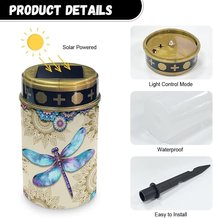 Garden Decor Solar Light Bohe Dragonfly Outdoor Stake Patio Yard Lawn Porch Pathway Grave Solar Lights for Cemetery Outside Waterproof Decorations
