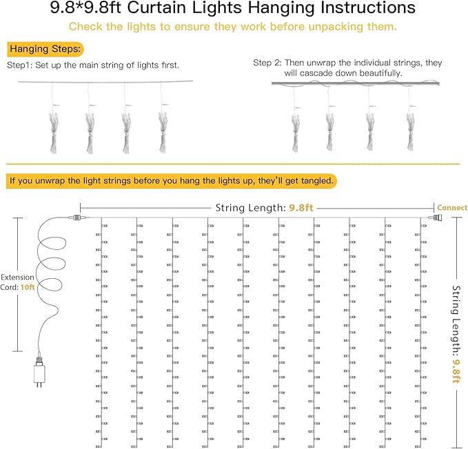 suddus Curtain Lights for Bedroom, 300 Led 9.8x9.8ft Curtain Lights for Backdrop, Curtain String Lights for Christmas, Dorm, Wall, Backdrop, Window, Wedding, Party, Birthday Decor, Warm White