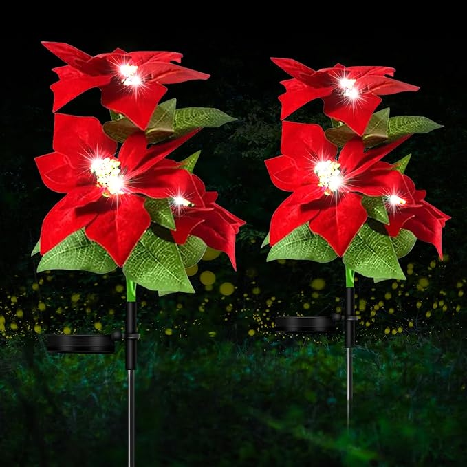 Aolyty Solar Garden Lights, IP65 Waterproof Solar Flowers Lights Landscape Lighting Simulation Poinsettia LED Light for Pathway, Garden, Patio, Yard, Lawn Outdoor Decorative (2 Pack)
