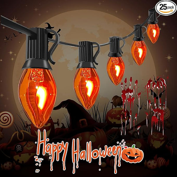 Abeja Orange Halloween Lights, 25FT Orange Flickering Lights String with 27 Flame Incandescent Blubs, Halloween | Lumora