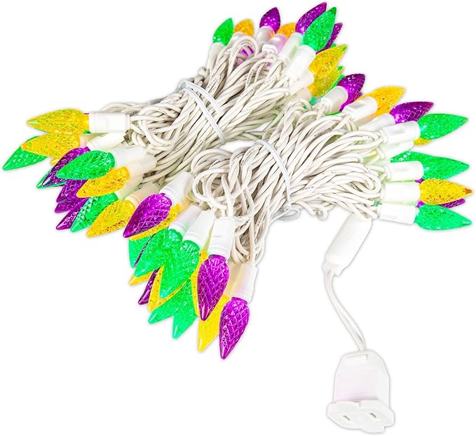 70 Light 24Ft Mardi Gras Lights Commercial String Lights C6 LED Strawberry Faceted Bulb – Yellow/Purple/Green | Lumora