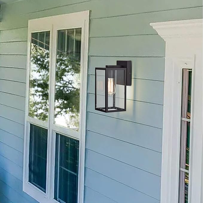 MICSIU 2 Pack Outdoor Light Fixture, 11 Inch Modern Farmhouse Exterior Wall Sconce with Clear Glass, Textured Black Outside Porch Lights for House Garage Patio, E26 Base, ETL Listed