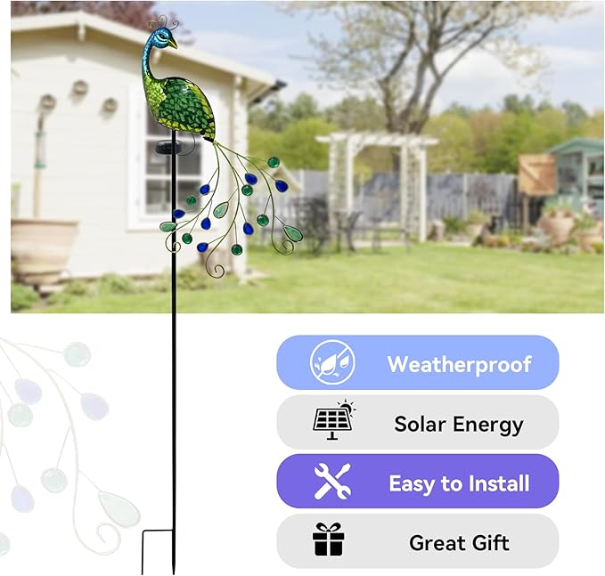 Peacock Solar Garden Stake Lights Decorative, Waterproof Metal Glass Landscape Path Lights for Outdoor Patio Lawn Yard, Upgrade