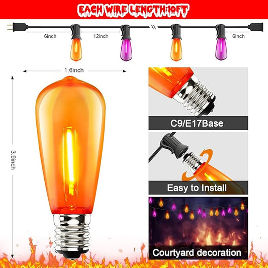 ST40 Purple and Orange Halloween Lights,10FT Outdoor LED Halloween String Lights with 11 Orange/Purple Flame Bulbs,Hanging Decorative Light String for Garden Porch Gazebo Bistro,Black Wire