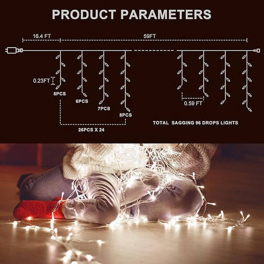 Icicle LED Christmas Lights Outdoor, 624 LED 59FT 8 Modes with 96 Drops Cool White Icicle Lights,Outdoor Indoor Fairy String Lights for Christmas Party,Holiday,Wedding Decorations