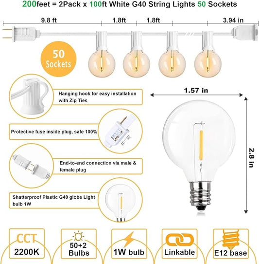 200FT(100ft*2) White G40 Globe String Lights for Outside Waterproof Patio String Lights, 100+4 Spare Replaceable 2200K Warm Bulbs for Outdoor Patio Pergola Gazebo Wedding Tent, Connectable White Wire