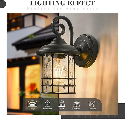 Emliviar 2 Pack Outdoor Wall Lighting Fixtures, 10" Exterior Carriage Lights with Water Ripple Glass, Die-Cast Aluminum in Black Finish, OS-1803CW1-WG